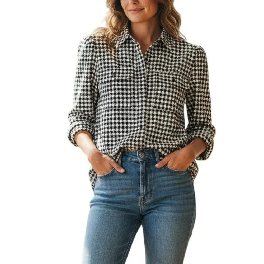 Zara Houndstooth Button Up Shirt‎ S Black White Collared Preppy Academia Chic